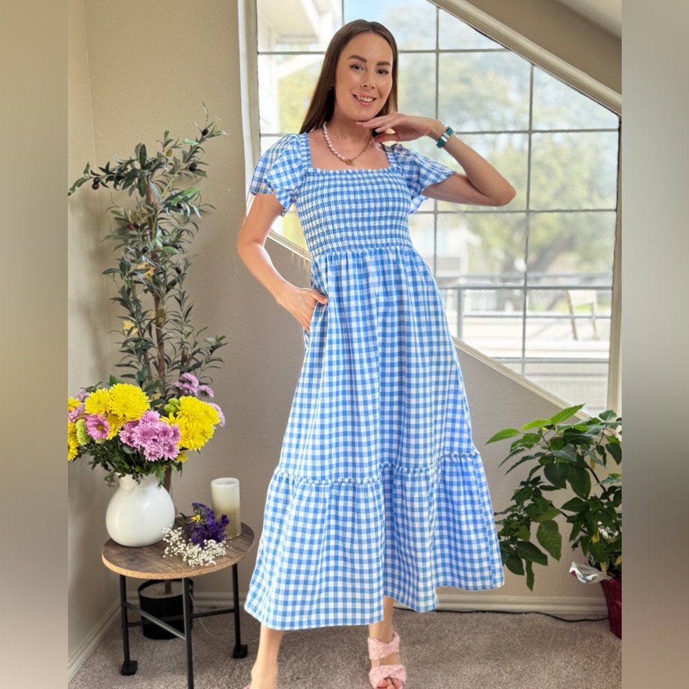 Blue Gingham Smocked Maxi Dress - Women's